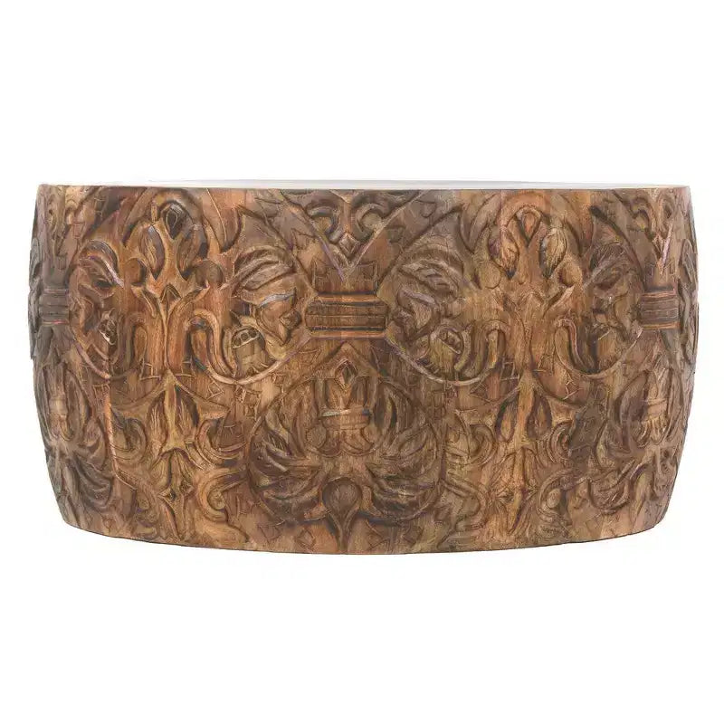 Royal Hampton Rea 34 Inch Handcrafted Mango Wood Coffee Table, Round Drum Shape, Carved Damask Pattern