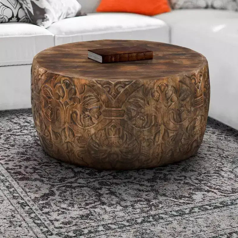 Royal Hampton Rea 34 Inch Handcrafted Mango Wood Coffee Table, Round Drum Shape, Carved Damask Pattern