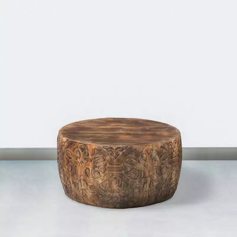 Royal Hampton Rea 34 Inch Handcrafted Mango Wood Coffee Table, Round Drum Shape, Carved Damask Pattern