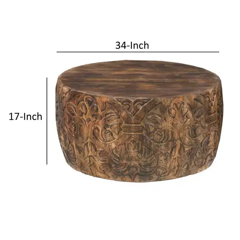 Royal Hampton Rea 34 Inch Handcrafted Mango Wood Coffee Table, Round Drum Shape, Carved Damask Pattern