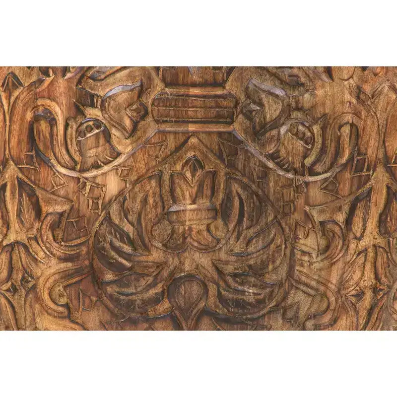 Royal Hampton Rea 34 Inch Handcrafted Mango Wood Coffee Table, Round Drum Shape, Carved Damask Pattern