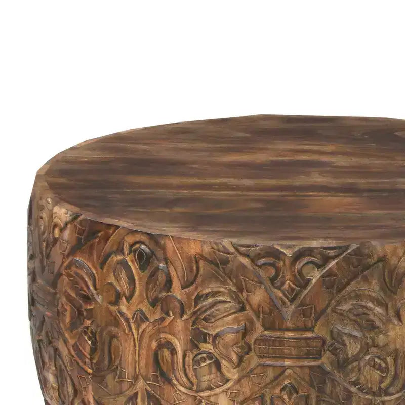 Royal Hampton Rea 34 Inch Handcrafted Mango Wood Coffee Table, Round Drum Shape, Carved Damask Pattern
