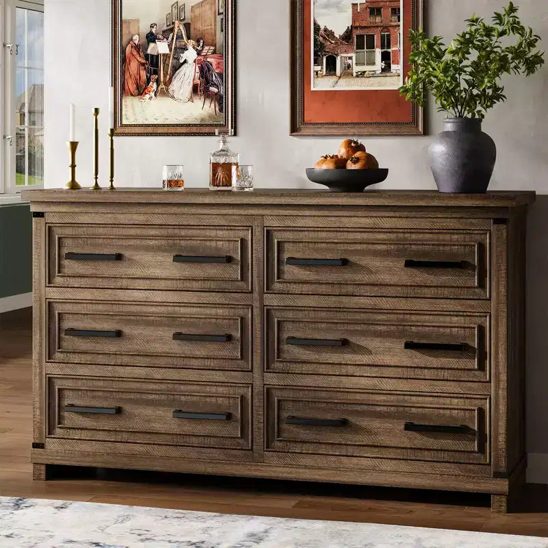 6 Drawer Dresser, Farmhouse Chest of Drawers, Wooden Dresser for Bedroom with Metal Handle, Storage Organizer for Living Room, Entryway