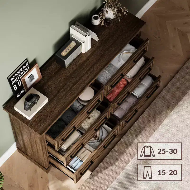 6 Drawer Dresser, Farmhouse Chest of Drawers, Wooden Dresser for Bedroom with Metal Handle, Storage Organizer for Living Room, Entryway