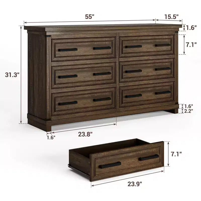 6 Drawer Dresser, Farmhouse Chest of Drawers, Wooden Dresser for Bedroom with Metal Handle, Storage Organizer for Living Room, Entryway