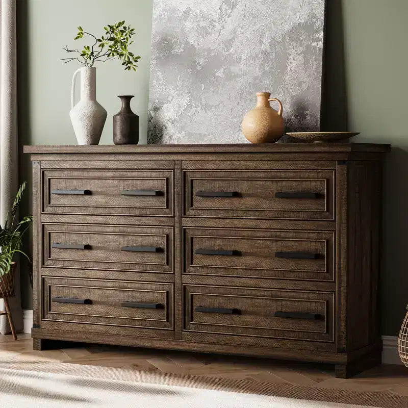 6 Drawer Dresser, Farmhouse Chest of Drawers, Wooden Dresser for Bedroom with Metal Handle, Storage Organizer for Living Room, Entryway