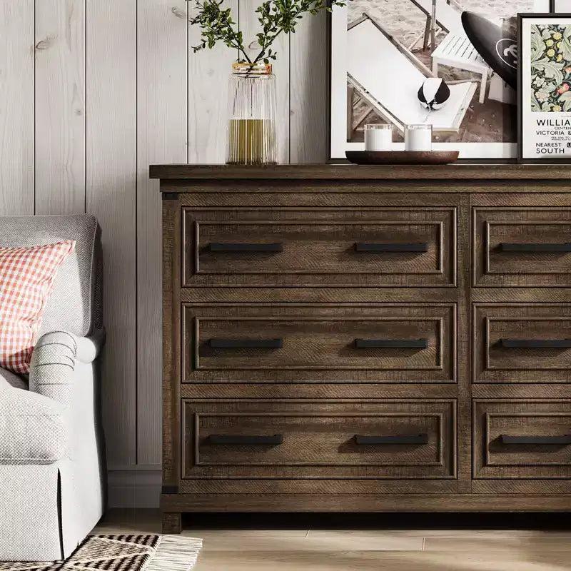 6 Drawer Dresser, Farmhouse Chest of Drawers, Wooden Dresser for Bedroom with Metal Handle, Storage Organizer for Living Room, Entryway
