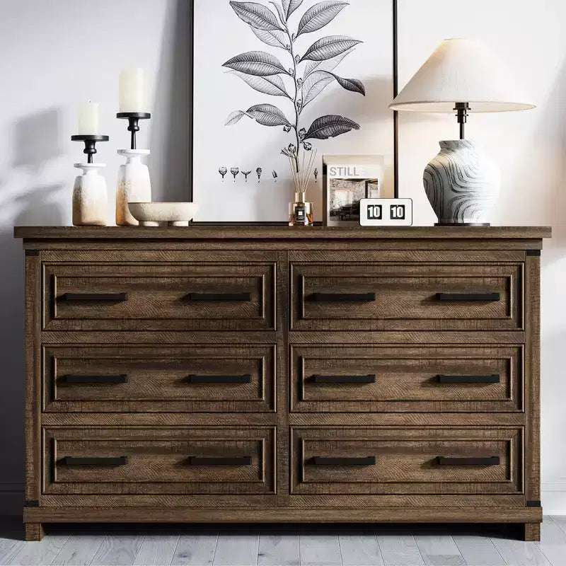 6 Drawer Dresser, Farmhouse Chest of Drawers, Wooden Dresser for Bedroom with Metal Handle, Storage Organizer for Living Room, Entryway