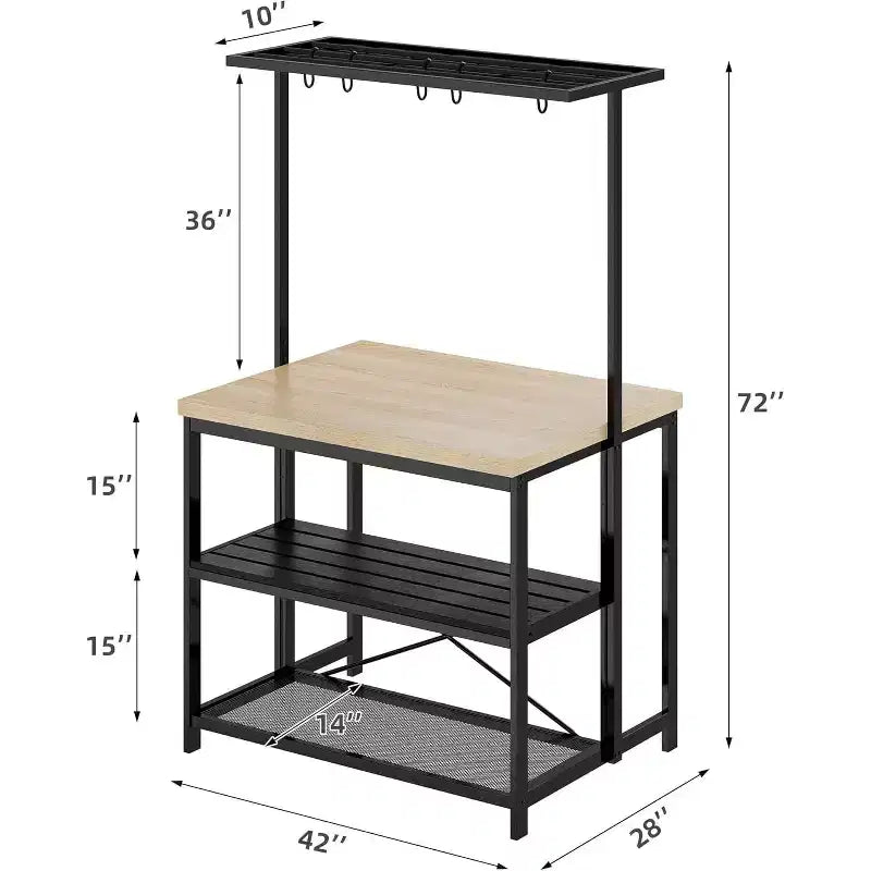 42 Multi-Functional Kitchen Island Heavy-Duty Wood & Metal Design, Microwave Shelf, 3-Tier Shelves, 5 Hooks, Coffee Bar Convertible