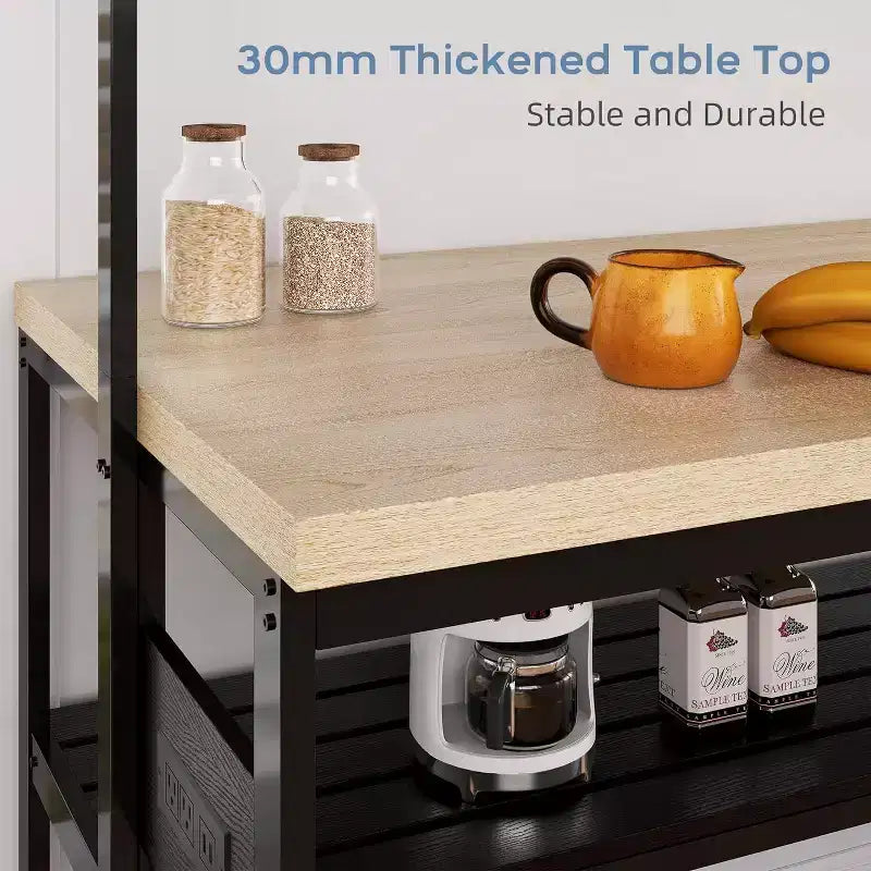42 Multi-Functional Kitchen Island Heavy-Duty Wood & Metal Design, Microwave Shelf, 3-Tier Shelves, 5 Hooks, Coffee Bar Convertible