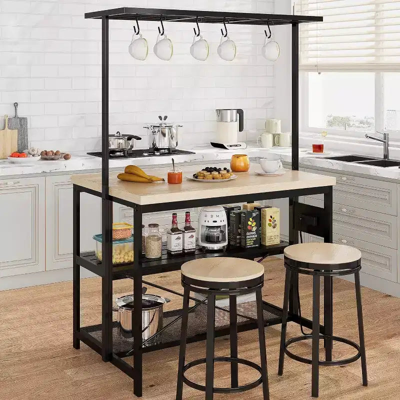 42 Multi-Functional Kitchen Island Heavy-Duty Wood & Metal Design, Microwave Shelf, 3-Tier Shelves, 5 Hooks, Coffee Bar Convertible