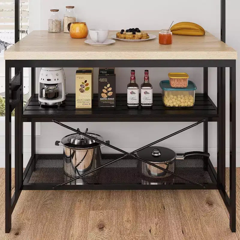 42 Multi-Functional Kitchen Island Heavy-Duty Wood & Metal Design, Microwave Shelf, 3-Tier Shelves, 5 Hooks, Coffee Bar Convertible
