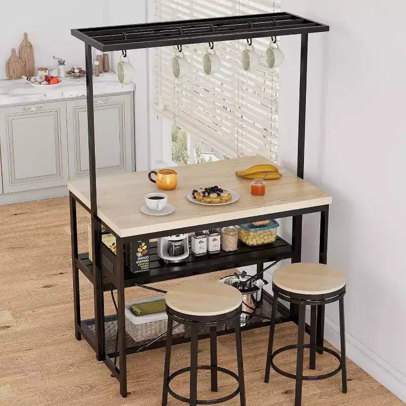 42 Multi-Functional Kitchen Island Heavy-Duty Wood & Metal Design, Microwave Shelf, 3-Tier Shelves, 5 Hooks, Coffee Bar Convertible
