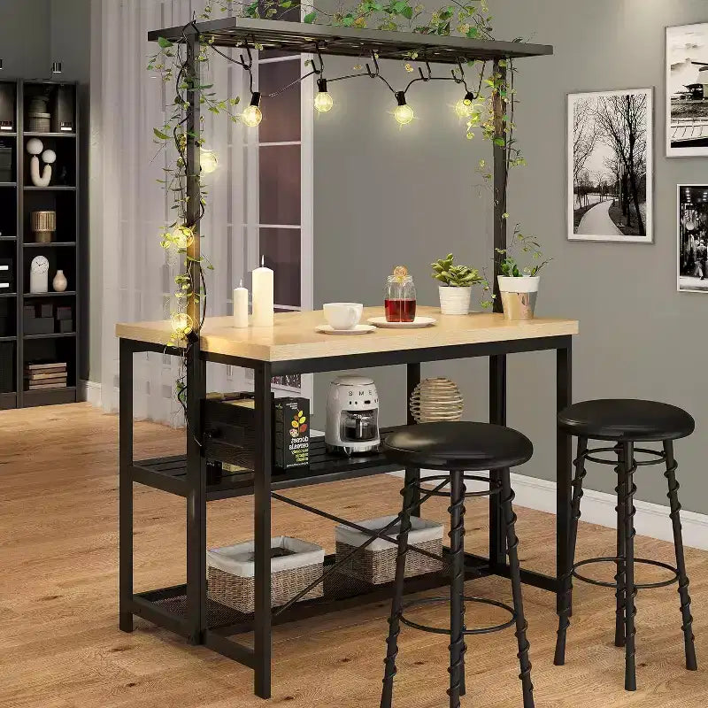 42 Multi-Functional Kitchen Island Heavy-Duty Wood & Metal Design, Microwave Shelf, 3-Tier Shelves, 5 Hooks, Coffee Bar Convertible