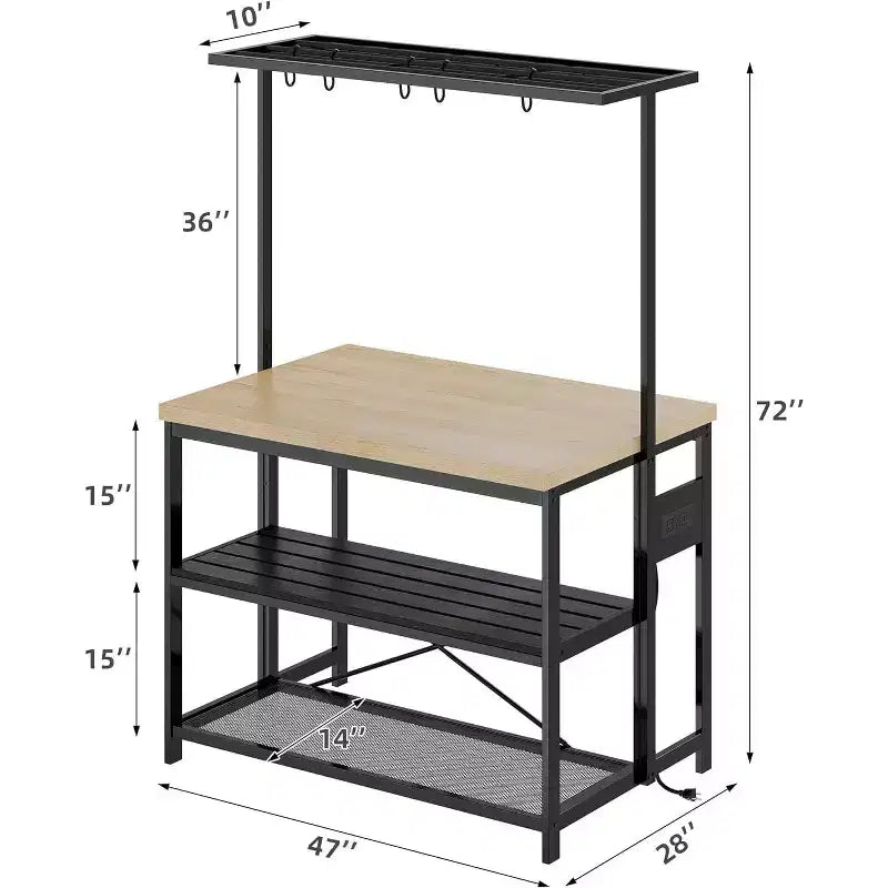 42 Multi-Functional Kitchen Island Heavy-Duty Wood & Metal Design, Microwave Shelf, 3-Tier Shelves, 5 Hooks, Coffee Bar Convertible