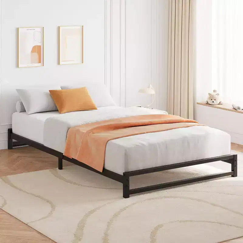 Metal Platform Bed Frame with Steel Slats 6 Inch Tall, Black, No Box Spring Needed