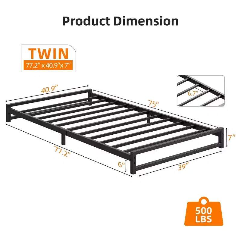 Metal Platform Bed Frame with Steel Slats 6 Inch Tall, Black, No Box Spring Needed