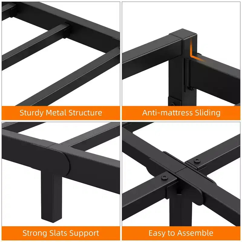 Metal Platform Bed Frame with Steel Slats 6 Inch Tall, Black, No Box Spring Needed