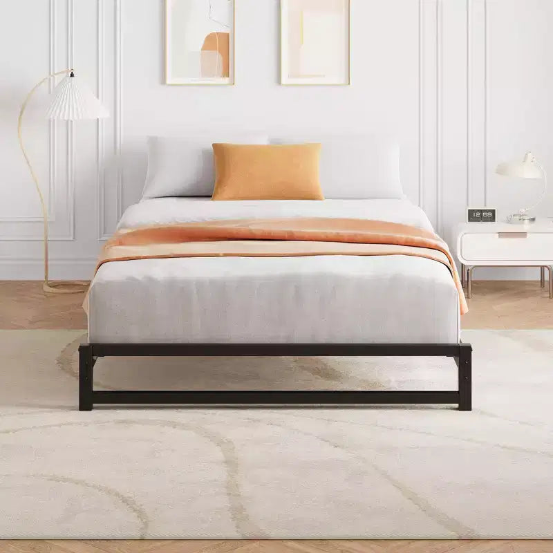 Metal Platform Bed Frame with Steel Slats 6 Inch Tall, Black, No Box Spring Needed