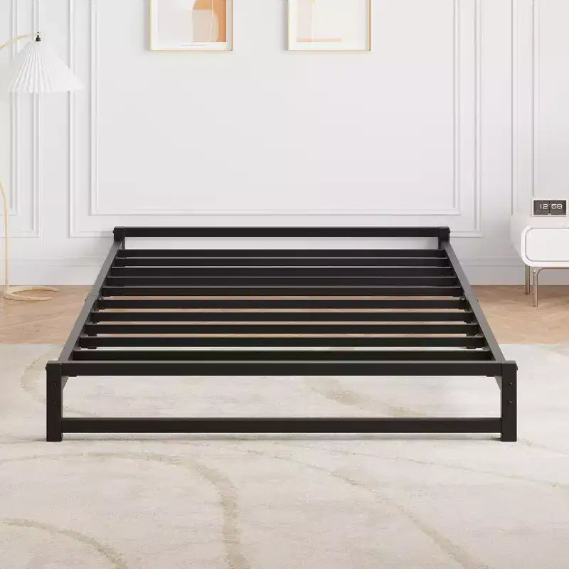 Metal Platform Bed Frame with Steel Slats 6 Inch Tall, Black, No Box Spring Needed