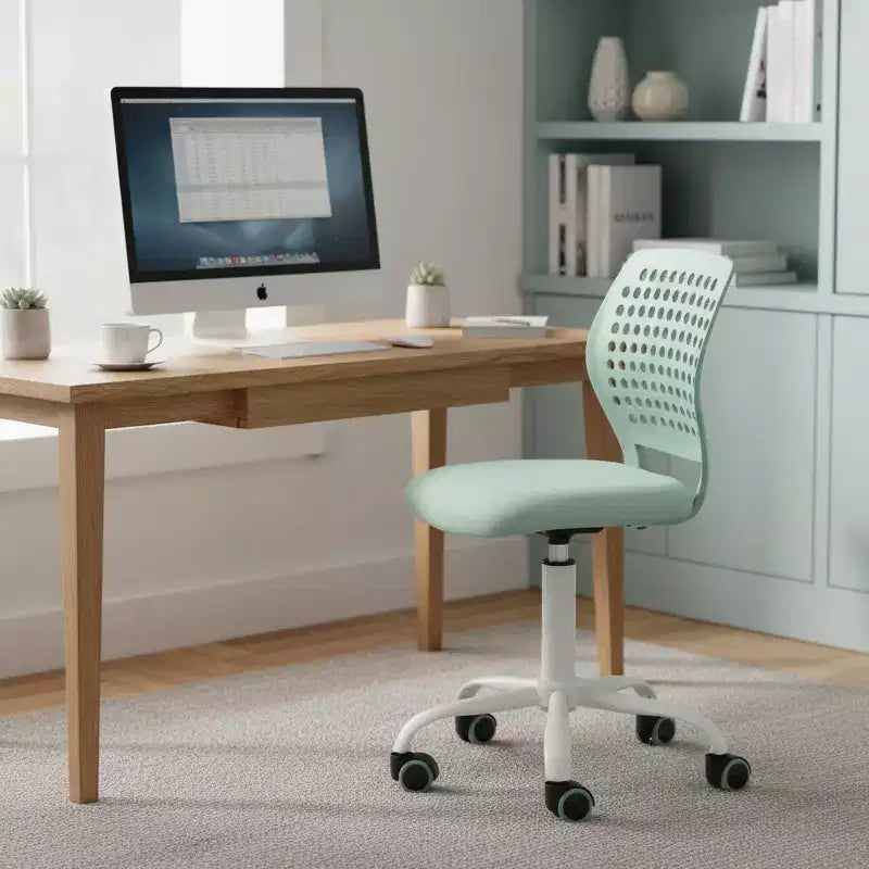 FurnitureR Armless Desk Chair with Rolling Wheels, Compact Adjustable Height Swivel Study Computer Task Chair with Breathable Back, Green