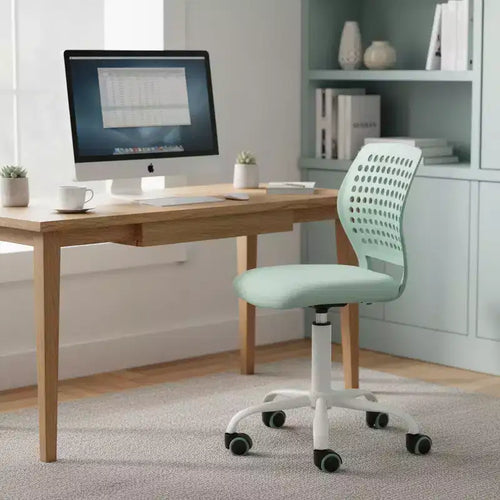 FurnitureR Armless Desk Chair with Rolling Wheels, Compact Adjustable Height Swivel Study Computer Task Chair with Breathable Back, Green