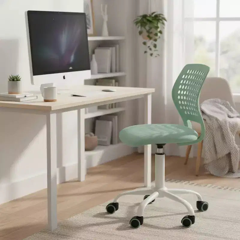 FurnitureR Armless Desk Chair with Rolling Wheels, Compact Adjustable Height Swivel Study Computer Task Chair with Breathable Back, Green