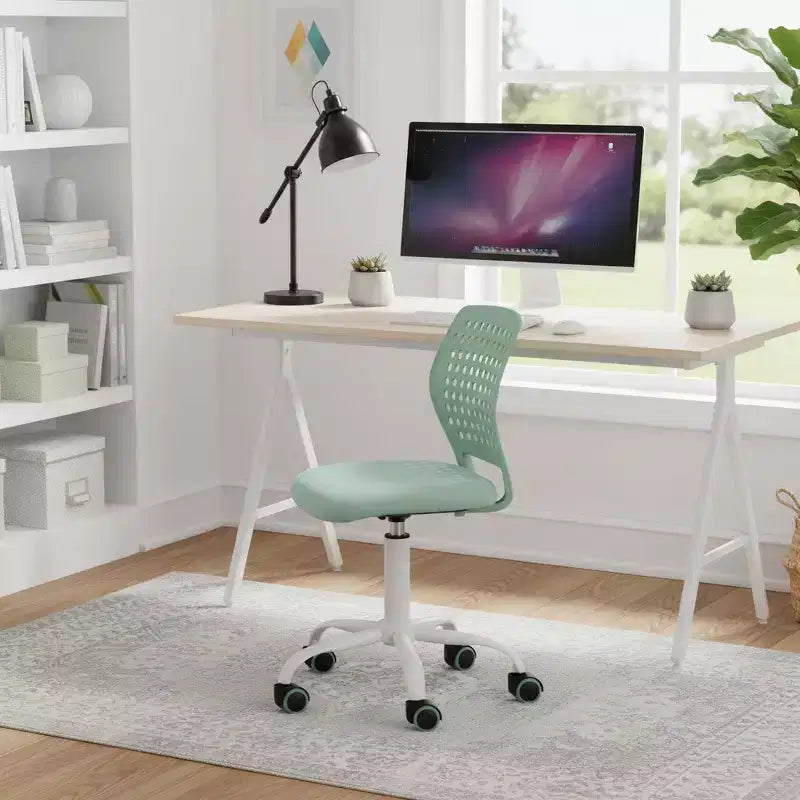 FurnitureR Armless Desk Chair with Rolling Wheels, Compact Adjustable Height Swivel Study Computer Task Chair with Breathable Back, Green