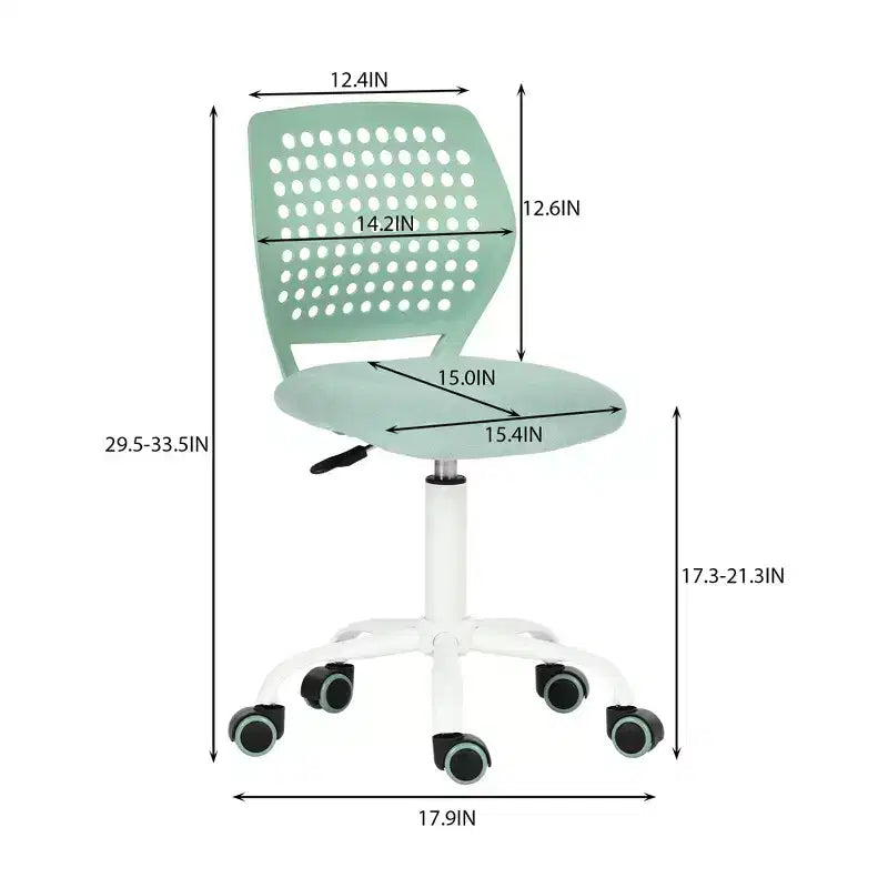 FurnitureR Armless Desk Chair with Rolling Wheels, Compact Adjustable Height Swivel Study Computer Task Chair with Breathable Back, Green