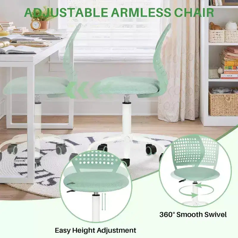 FurnitureR Armless Desk Chair with Rolling Wheels, Compact Adjustable Height Swivel Study Computer Task Chair with Breathable Back, Green