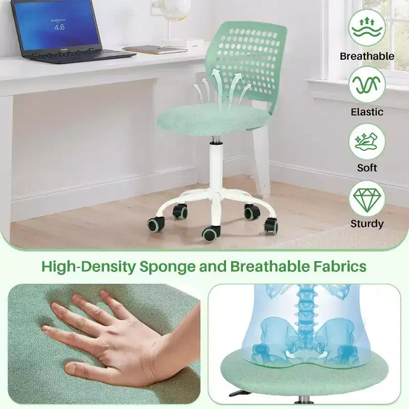 FurnitureR Armless Desk Chair with Rolling Wheels, Compact Adjustable Height Swivel Study Computer Task Chair with Breathable Back, Green