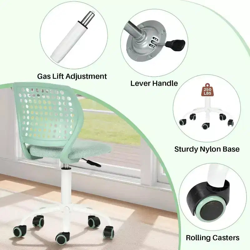 FurnitureR Armless Desk Chair with Rolling Wheels, Compact Adjustable Height Swivel Study Computer Task Chair with Breathable Back, Green