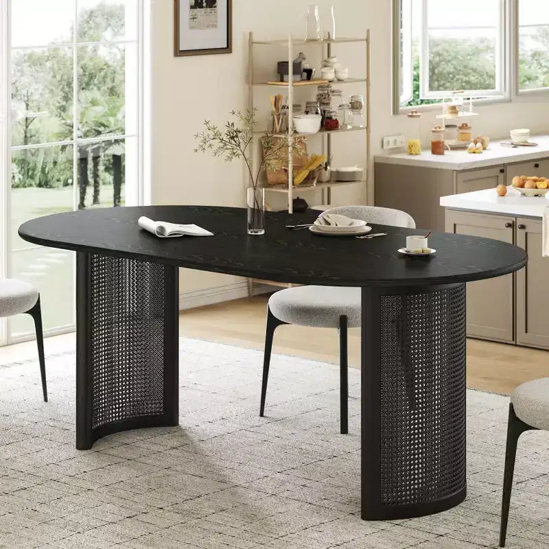 PexFix 67 Oval Dining Table for 4-6 with Arc-Shaped Edge Top and Rattan Woven Base Modern Farmhouse Kitchen Table for Living Room Dining Room Black