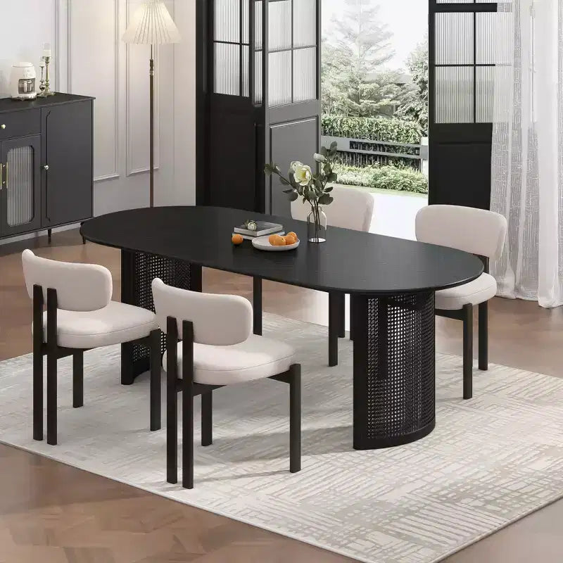 PexFix 67 Oval Dining Table for 4-6 with Arc-Shaped Edge Top and Rattan Woven Base Modern Farmhouse Kitchen Table for Living Room Dining Room Black