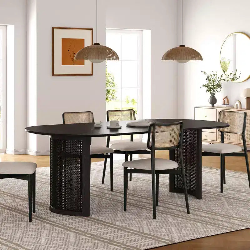 PexFix 67 Oval Dining Table for 4-6 with Arc-Shaped Edge Top and Rattan Woven Base Modern Farmhouse Kitchen Table for Living Room Dining Room Black