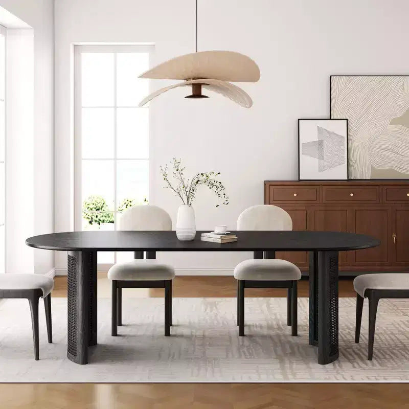 PexFix 67 Oval Dining Table for 4-6 with Arc-Shaped Edge Top and Rattan Woven Base Modern Farmhouse Kitchen Table for Living Room Dining Room Black