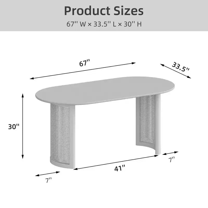 PexFix 67 Oval Dining Table for 4-6 with Arc-Shaped Edge Top and Rattan Woven Base Modern Farmhouse Kitchen Table for Living Room Dining Room Black