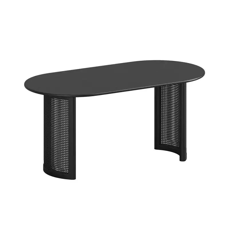 PexFix 67 Oval Dining Table for 4-6 with Arc-Shaped Edge Top and Rattan Woven Base Modern Farmhouse Kitchen Table for Living Room Dining Room Black