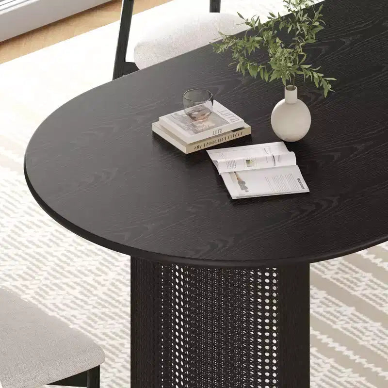 PexFix 67 Oval Dining Table for 4-6 with Arc-Shaped Edge Top and Rattan Woven Base Modern Farmhouse Kitchen Table for Living Room Dining Room Black