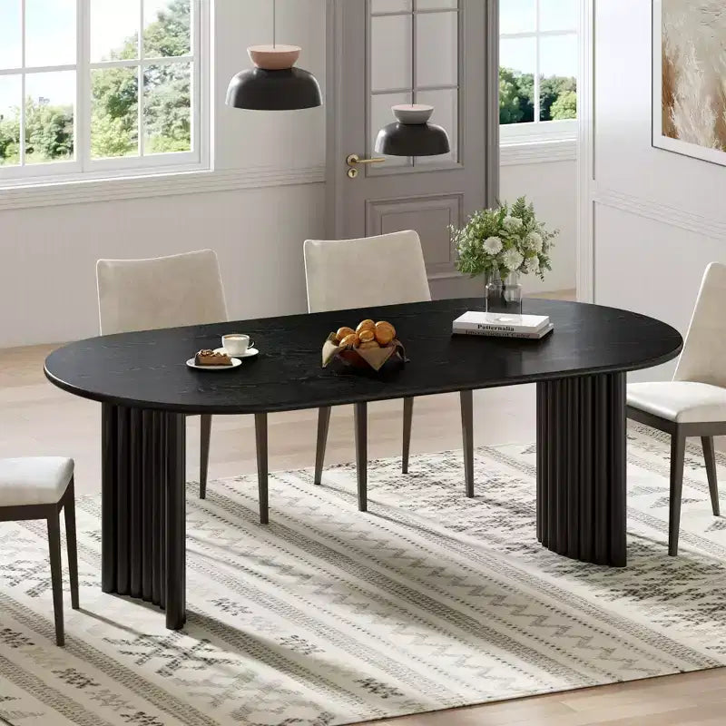 PexFix 67 Oval Dining Table for 4-6 with Arc-Shaped Edge Top and Stripes Base Modern Farmhouse Kitchen Table for Living Room Dining Room Black