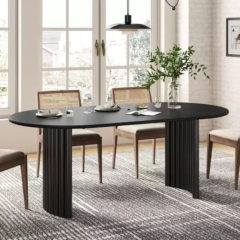 PexFix 67 Oval Dining Table for 4-6 with Arc-Shaped Edge Top and Stripes Base Modern Farmhouse Kitchen Table for Living Room Dining Room Black