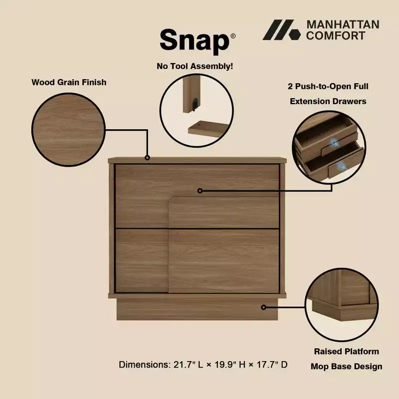 GDFStudio Horiz Modern 2-Drawer Nightstand