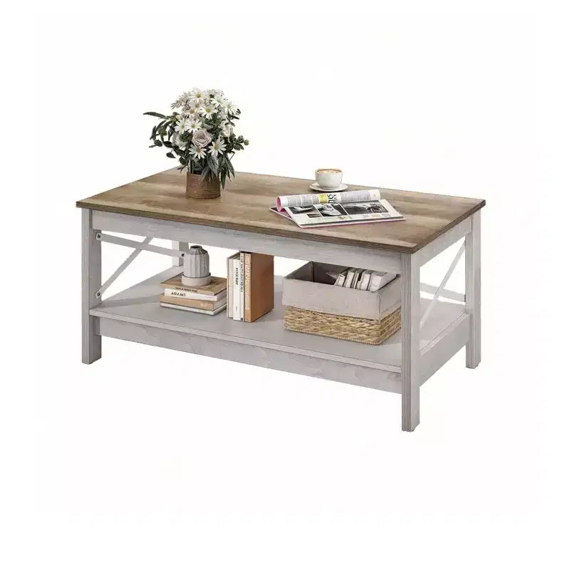 Coffee Table With Storage Shelf For Living Room,Modern Industrial Coffee Tables With 2-Tier Thicker Legs,Wood Accent Cocktail Center Coffee Table