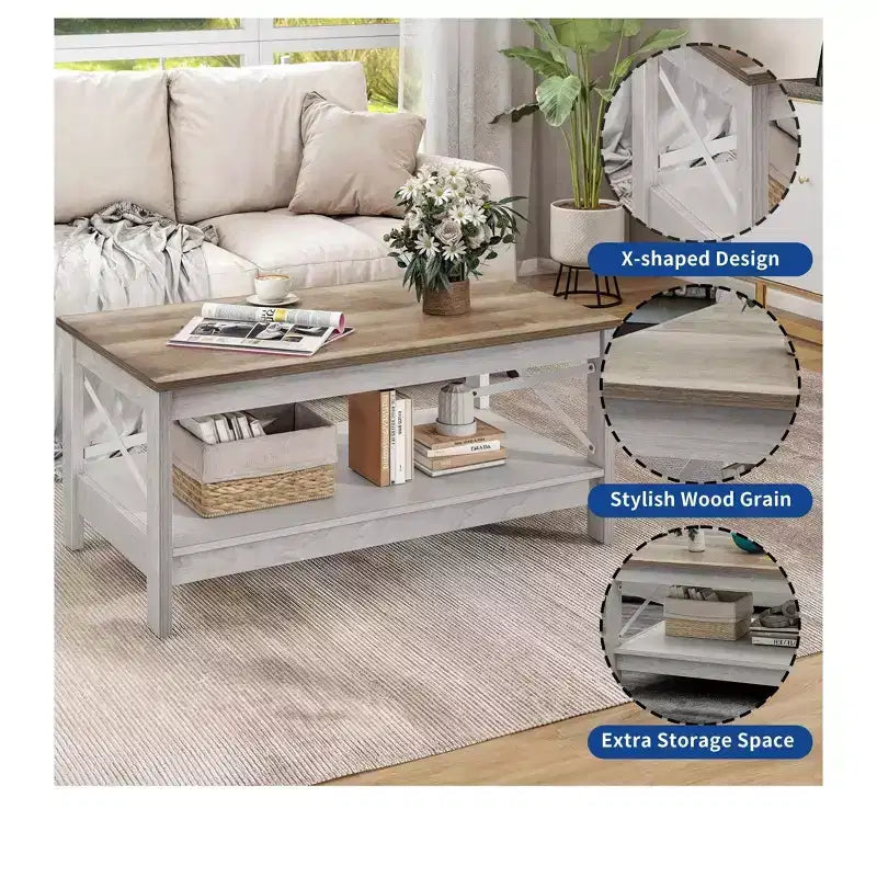 Coffee Table With Storage Shelf For Living Room,Modern Industrial Coffee Tables With 2-Tier Thicker Legs,Wood Accent Cocktail Center Coffee Table