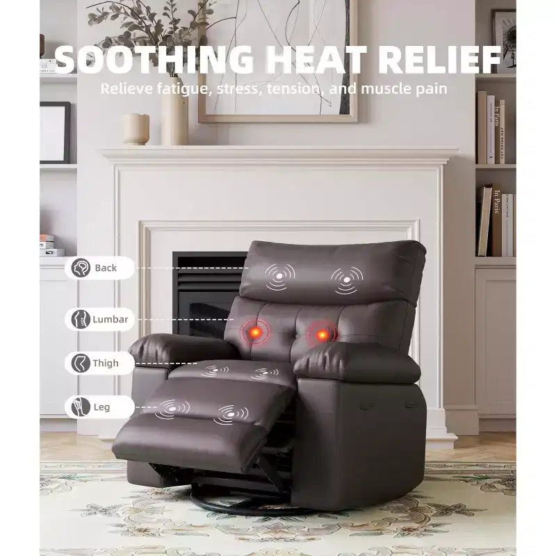 Oversized Faux Leather Power Rocker Swivel Recliner Chair - Heat and Massage, Upholstered Padded Electric Reclining Single Sofa for Adults