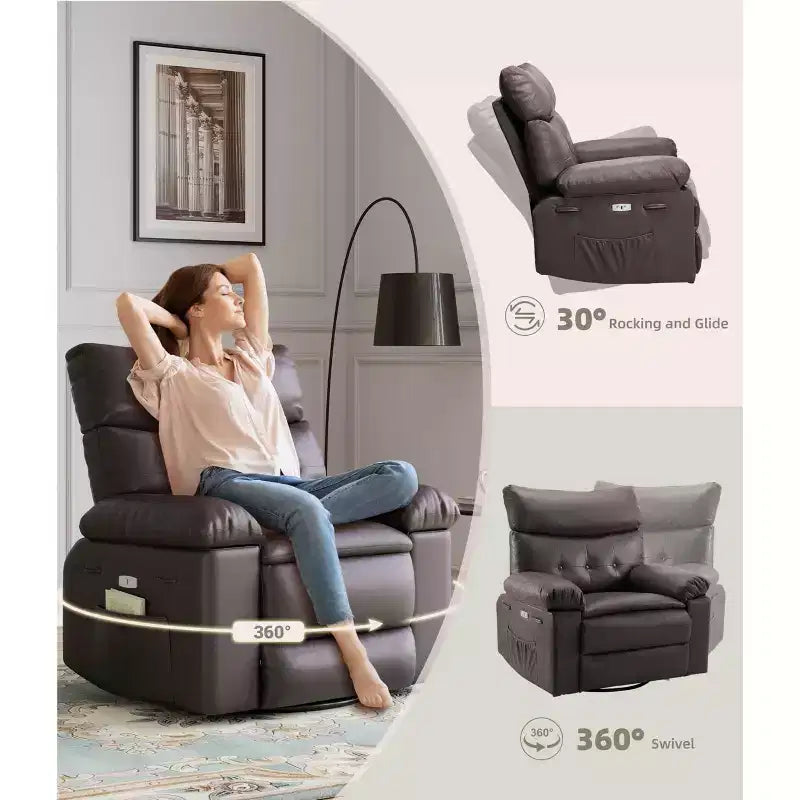 Oversized Faux Leather Power Rocker Swivel Recliner Chair - Heat and Massage, Upholstered Padded Electric Reclining Single Sofa for Adults