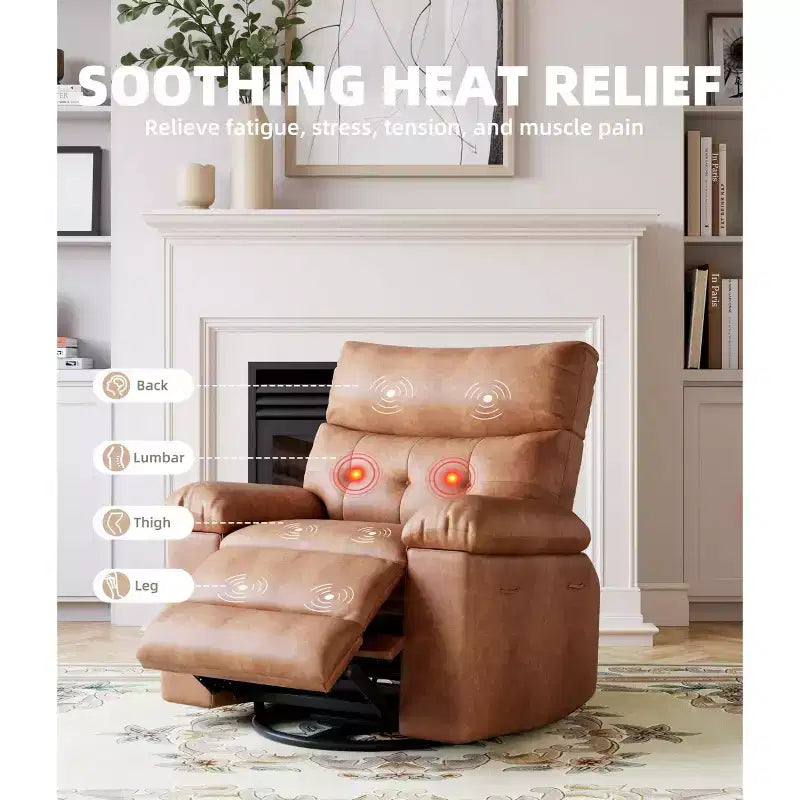 Oversized Faux Leather Power Rocker Swivel Recliner Chair - Heat and Massage, Upholstered Padded Electric Reclining Single Sofa for Adults