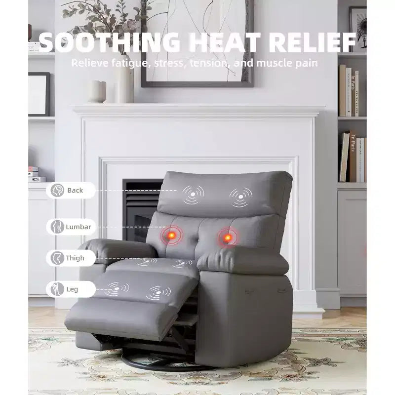 Oversized Faux Leather Power Rocker Swivel Recliner Chair - Heat and Massage, Upholstered Padded Electric Reclining Single Sofa for Adults
