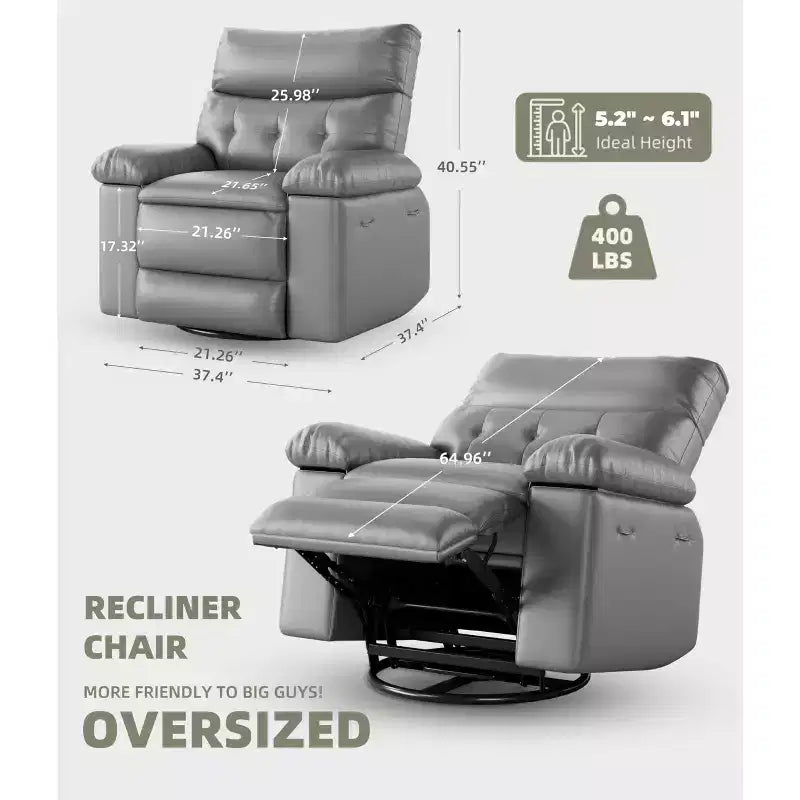 Oversized Faux Leather Power Rocker Swivel Recliner Chair - Heat and Massage, Upholstered Padded Electric Reclining Single Sofa for Adults