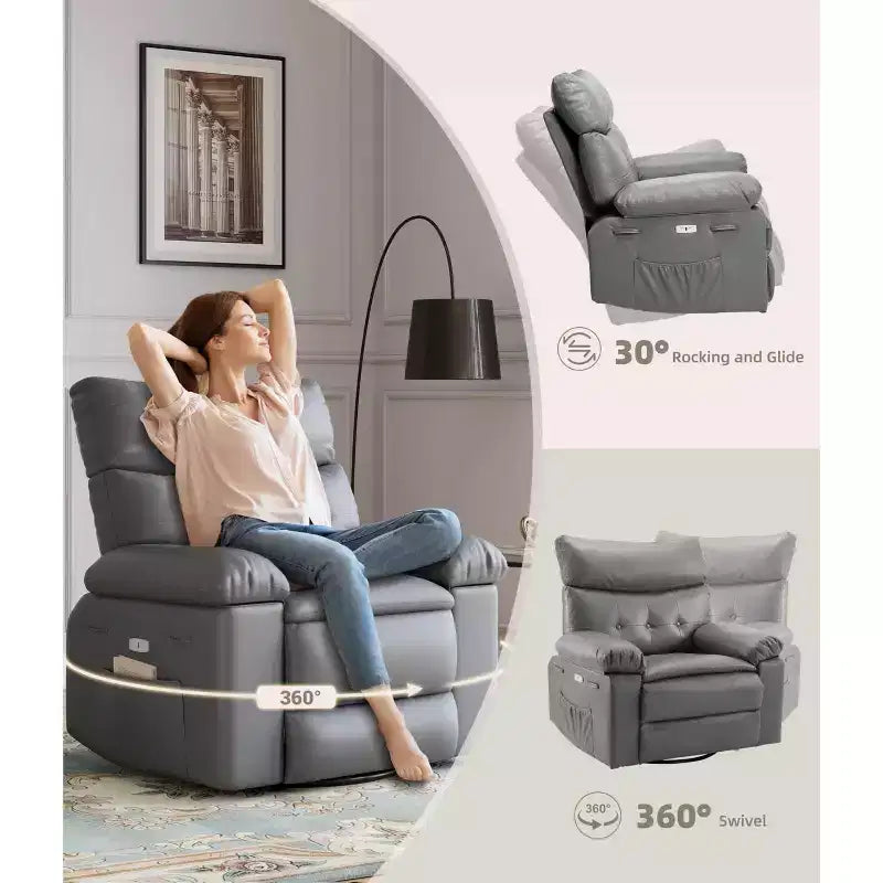 Oversized Faux Leather Power Rocker Swivel Recliner Chair - Heat and Massage, Upholstered Padded Electric Reclining Single Sofa for Adults